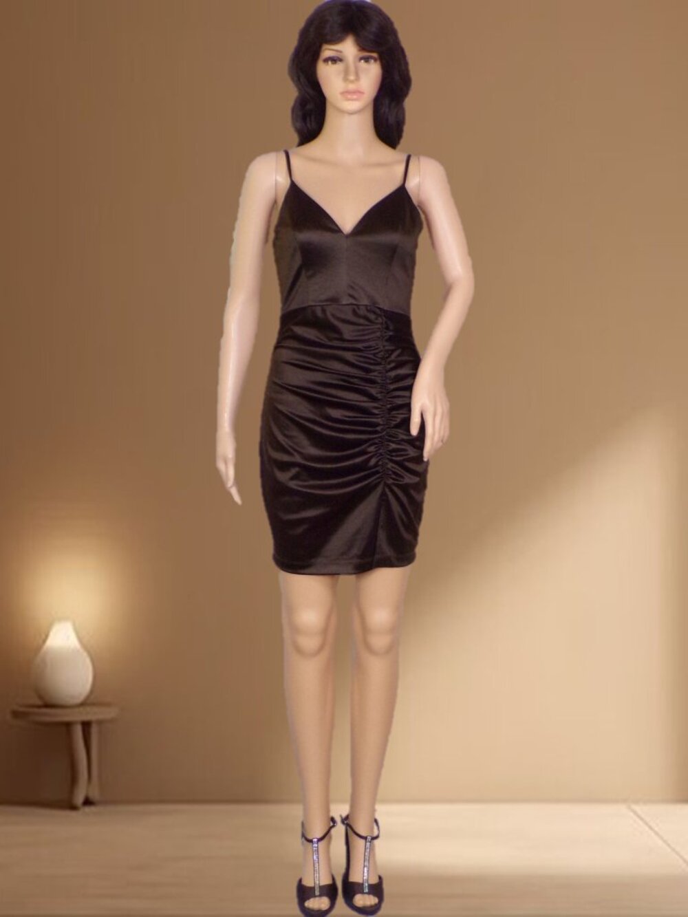 HONEY AND ROSIE size M brown satin thin-strap party dress polyester/spandex
